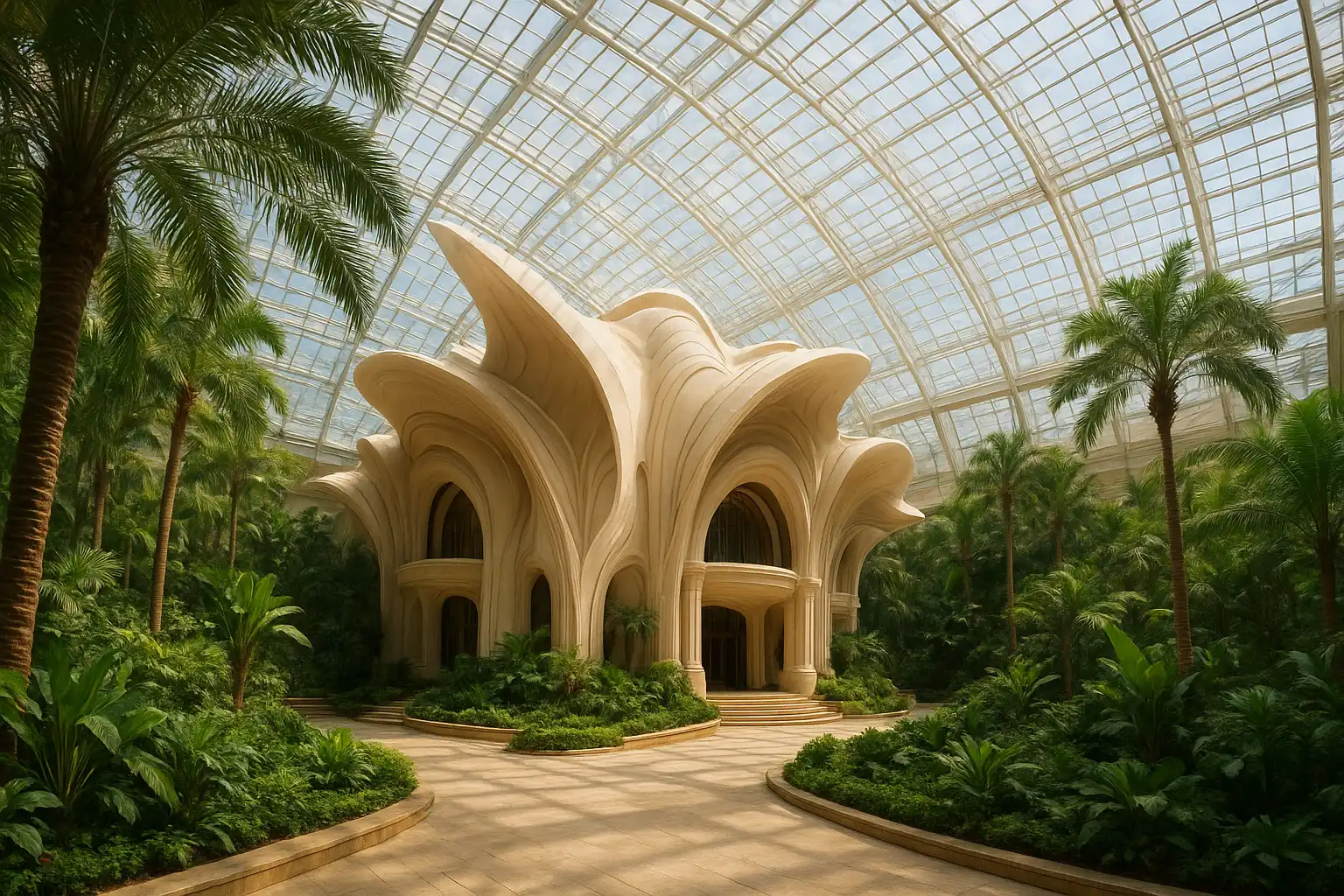 Sculptural architecture and tropical garden inside the Solar Atrium at RivoCasino