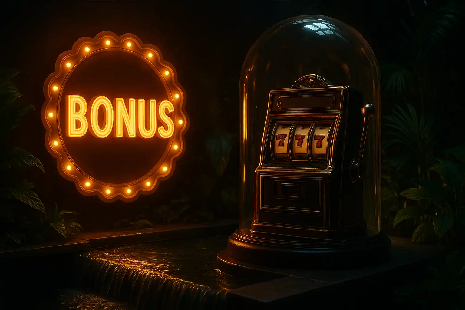 Bonus badge display glowing beside a slot cabinet under the glass dome