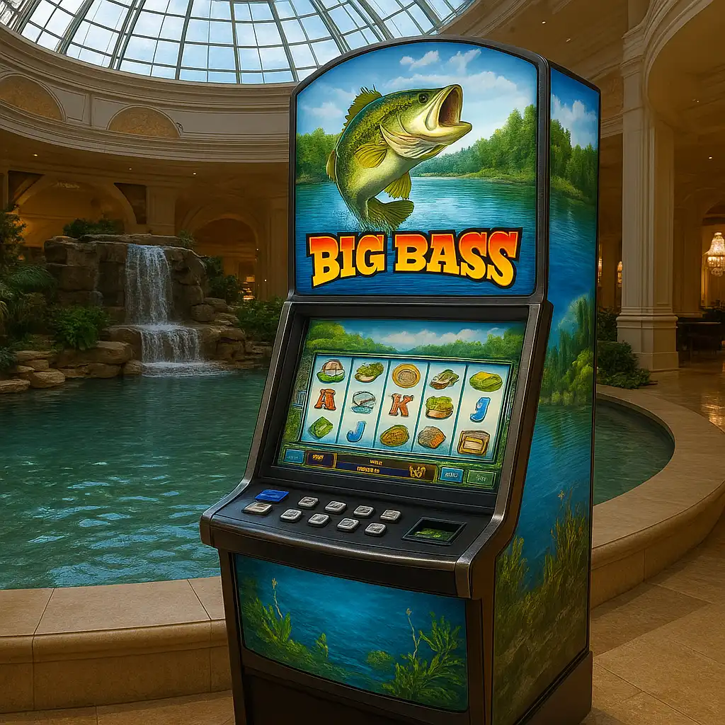 Big Bass Bonanza slot screen beside an indoor water feature