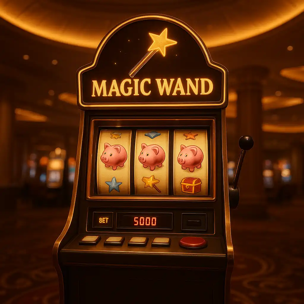 Piggy Prizes Wand of Riches slot cabinet under warm dome light