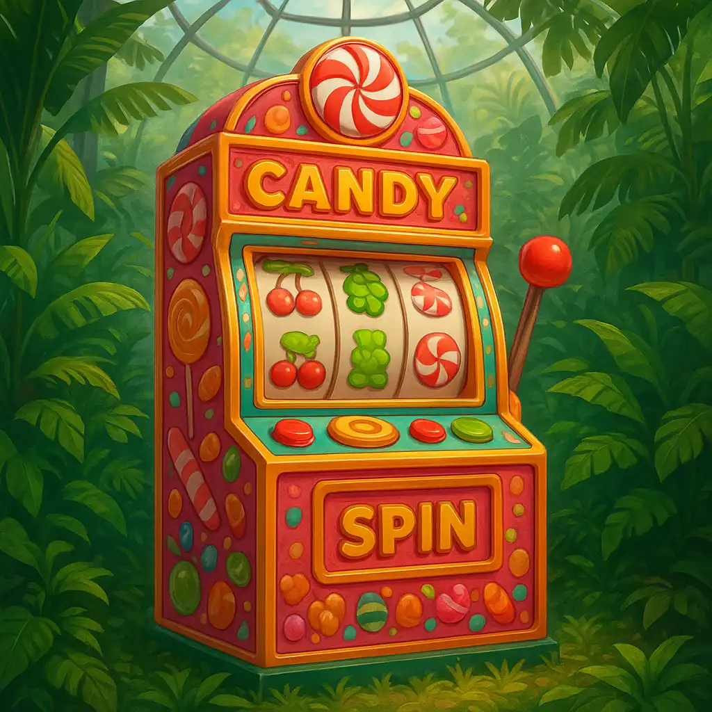 Sweet Bonanza slot machine surrounded by tropical garden foliage