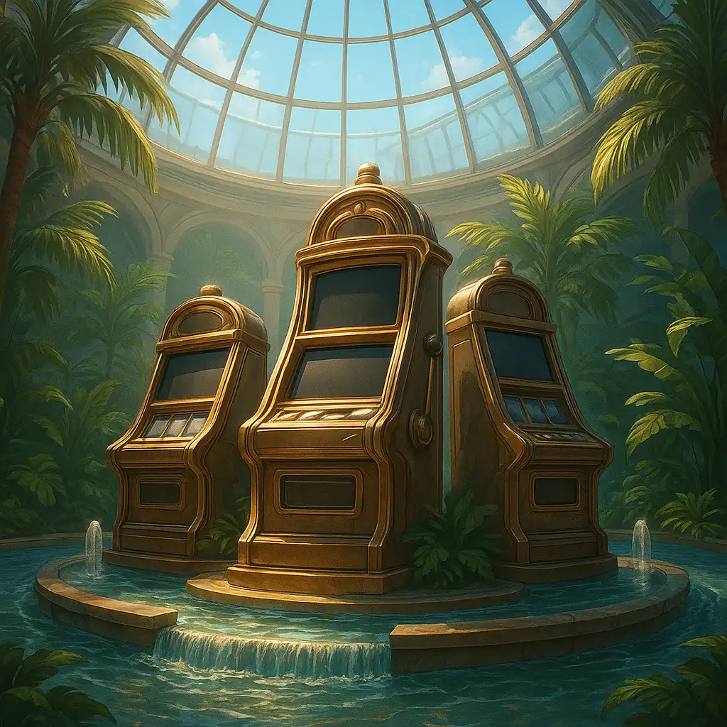Sculptural slot machines beneath a glass dome with tropical plants and flowing water at RivoCasino