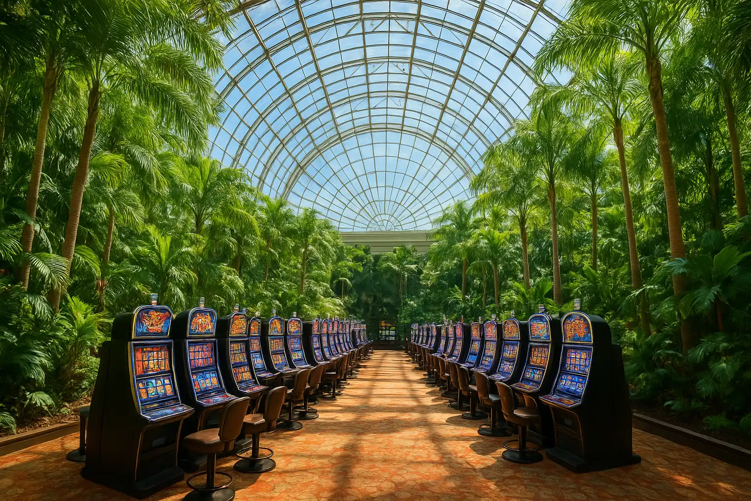 Row of illuminated slot cabinets beneath the Solar Atrium glass dome