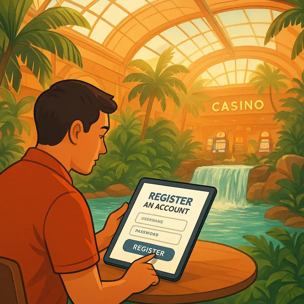 Player registering an account on a tablet beside the Solar Atrium water feature