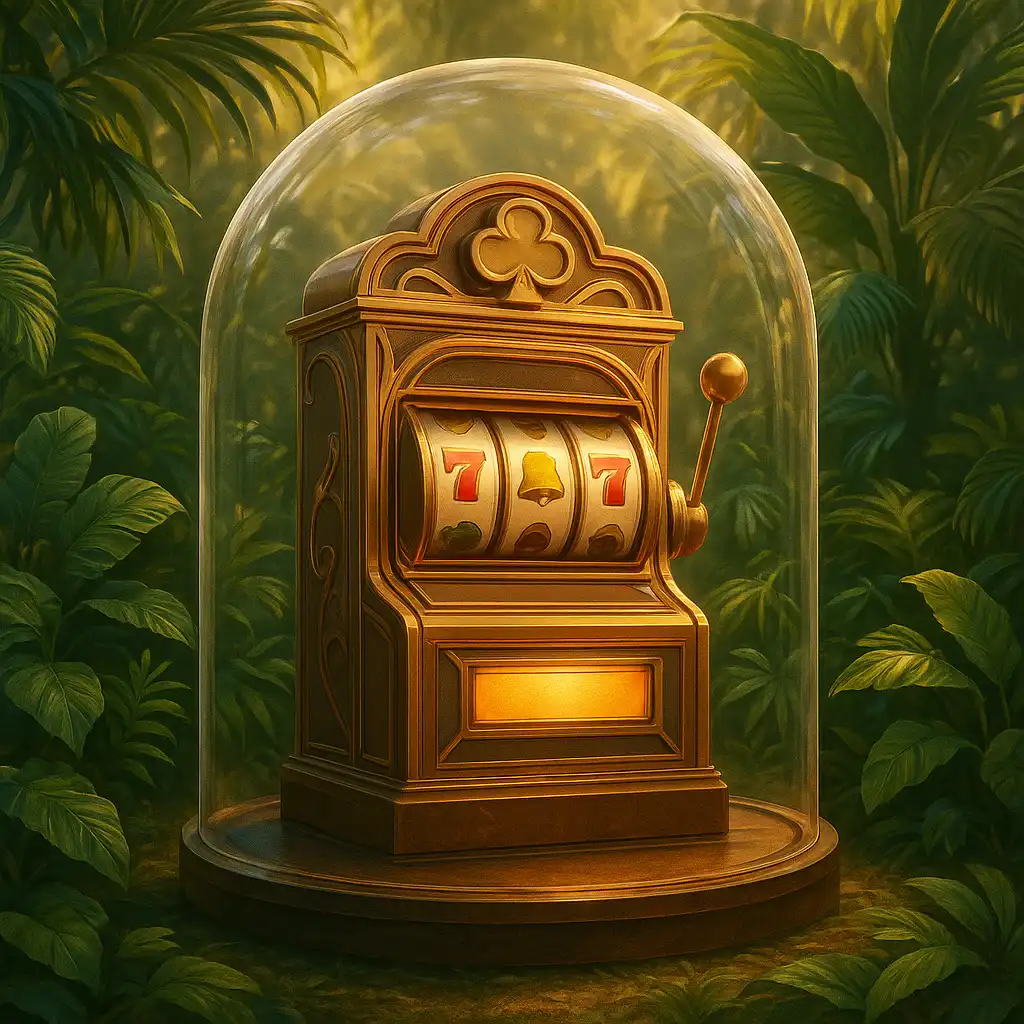 Player spinning a slot cabinet surrounded by tropical plants at RivoCasino